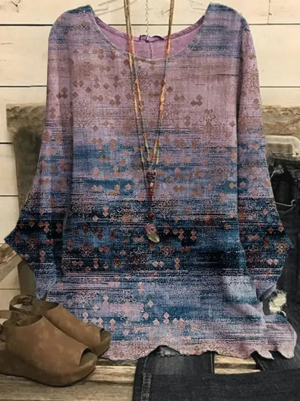 Cotton Linen Print Retro Round Neck Loose Top