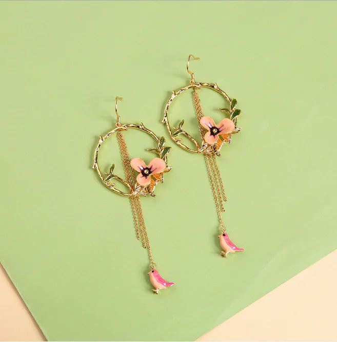 Vintage Flower and Bird Long Dangle Earrings for Women