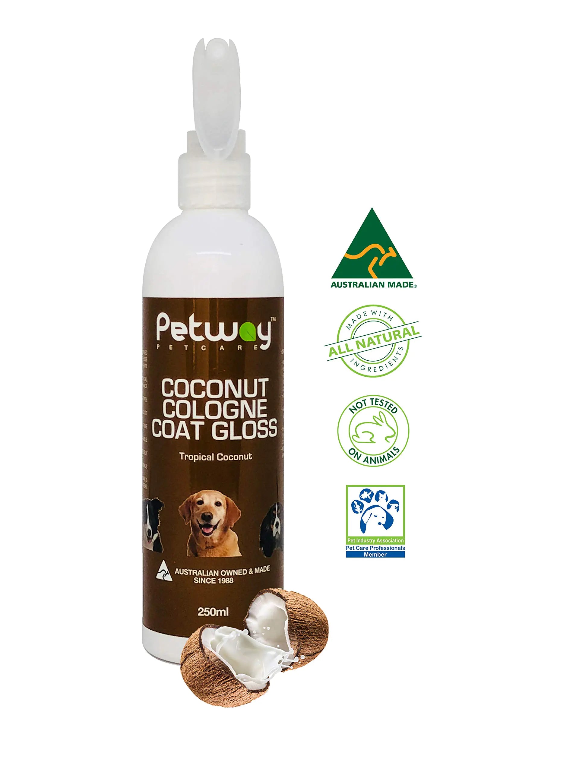 Petway Petcare Coconut Cologne Coat Gloss For Dogs And Puppies Natural Cologne Spray with Coconut Dog Gloss with Deodorizer Pet Odor Eliminator and Dog Grooming Spray 250ml