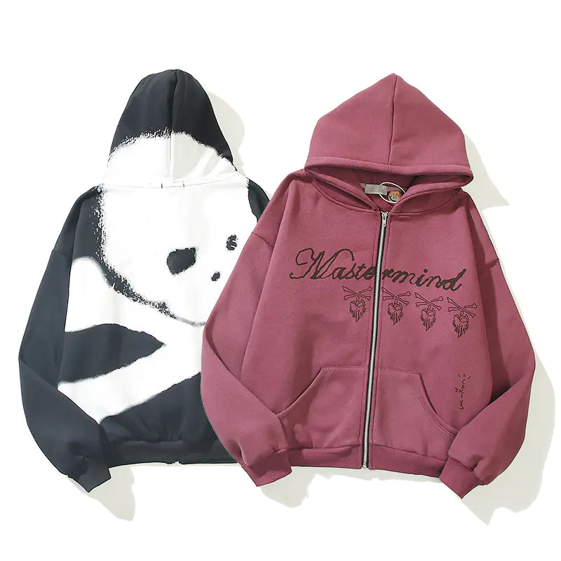 Burgundy Skull Print Pullover Zip Jacket Sweatshirt
