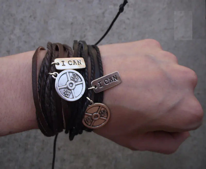 Retro Multi-Layer Leather Bracelet with Dumbbell Charm