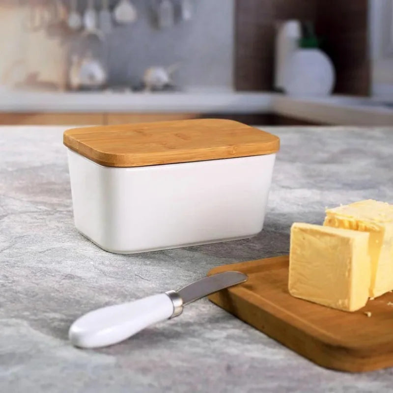 Ceramic Butter Dish with Bamboo Cover and Knife