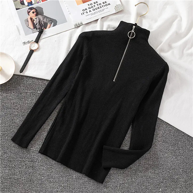 Zippered Half High Neck Slim Fit Knit Top for Women