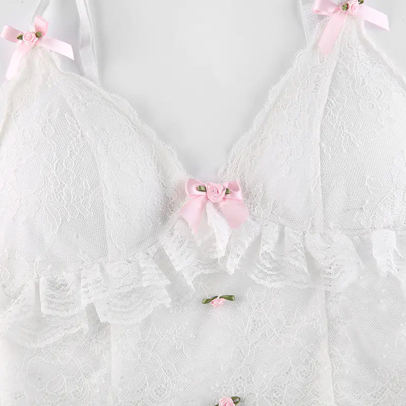 Gothic Lace Bowknot White Cropped Top for Women