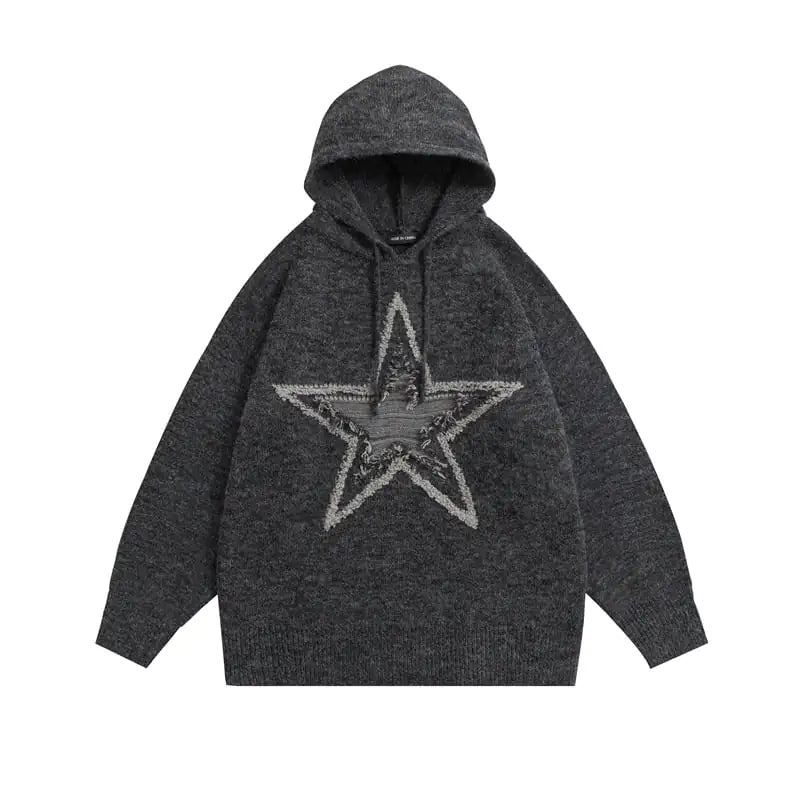 Hooded Knit Sweater with Star Jacquard Design