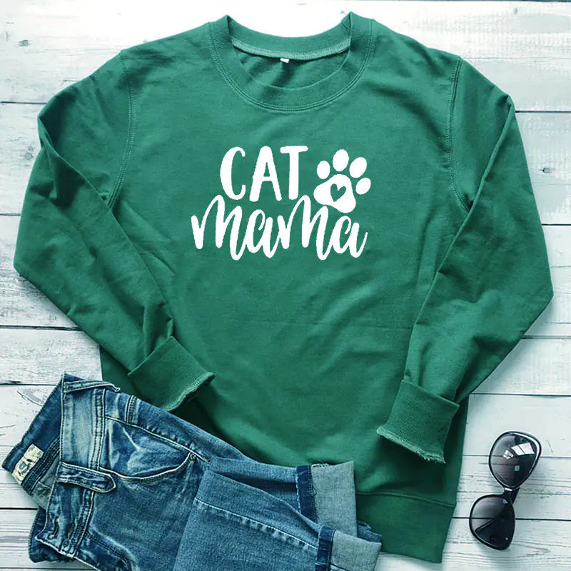 Cotton Crew Neck Sweatshirt with Cat Mama Design