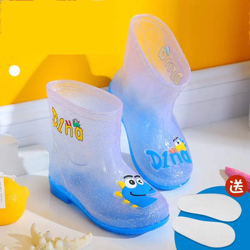 Transparent Dinosaur Rain Boots for Kids with Fleece