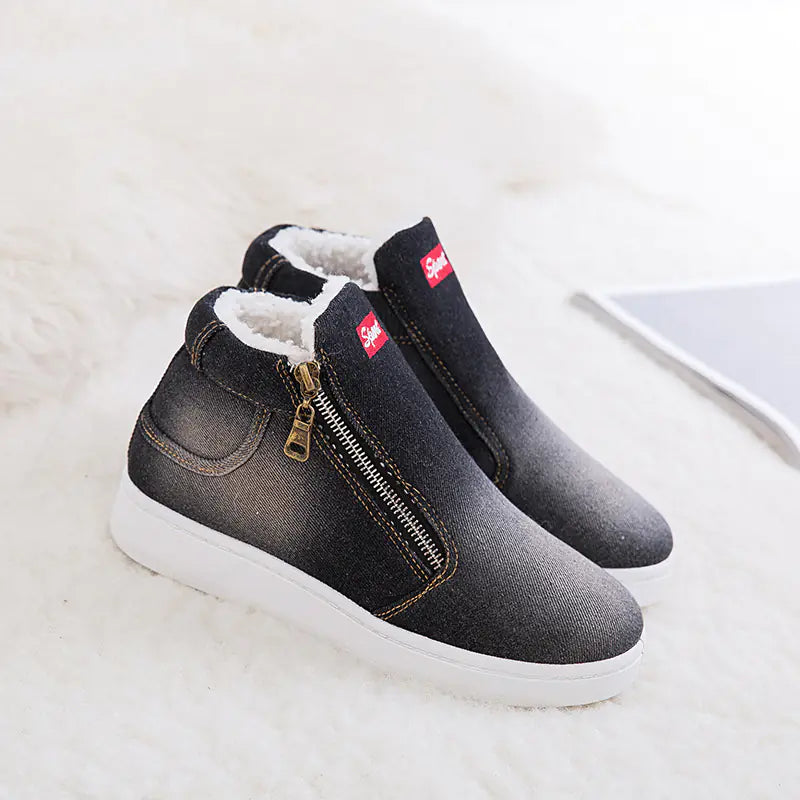 Winter Denim Snow Boots, Korean Cotton Flat Shoes