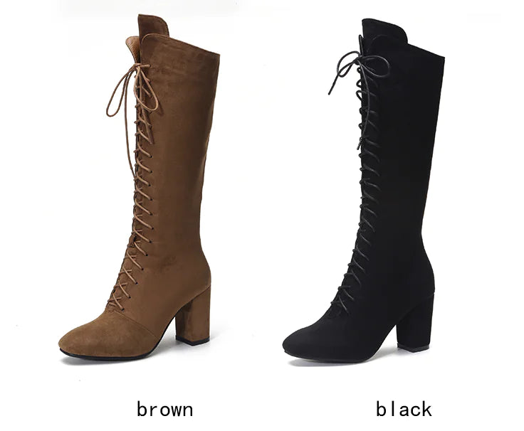 New Brown Mid-Calf High Heel Boots for Women