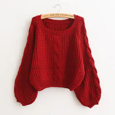 Short Lantern Sleeve Sweater with Round Neck