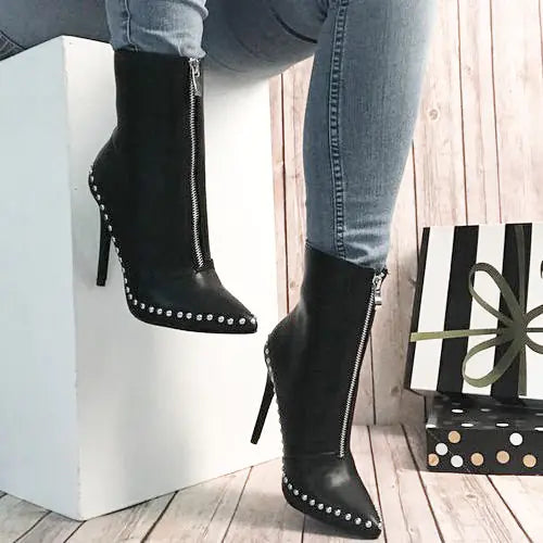 Studded Zipper Knee-High Boots with Heels