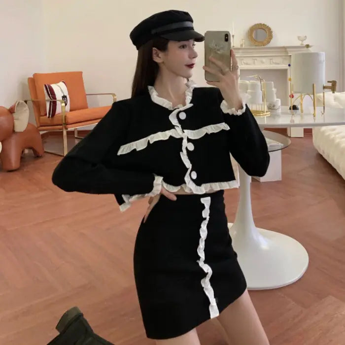 Fashionable Two-Piece Set with Ruffled Long Sleeve Top