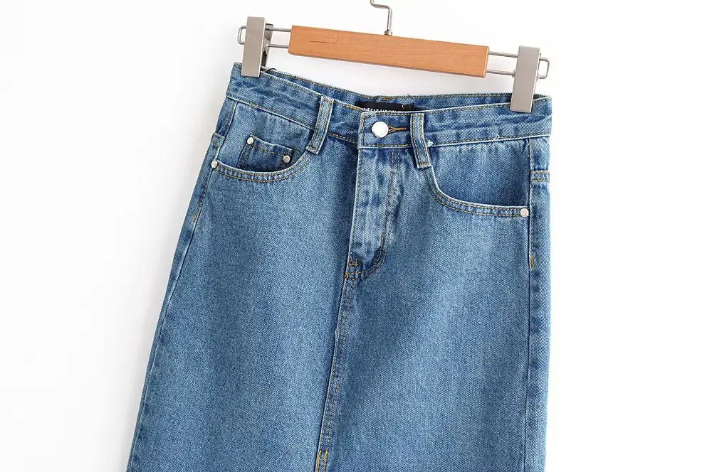 Split Hem Denim Skirt, Bodycon Denim Midi Skirt