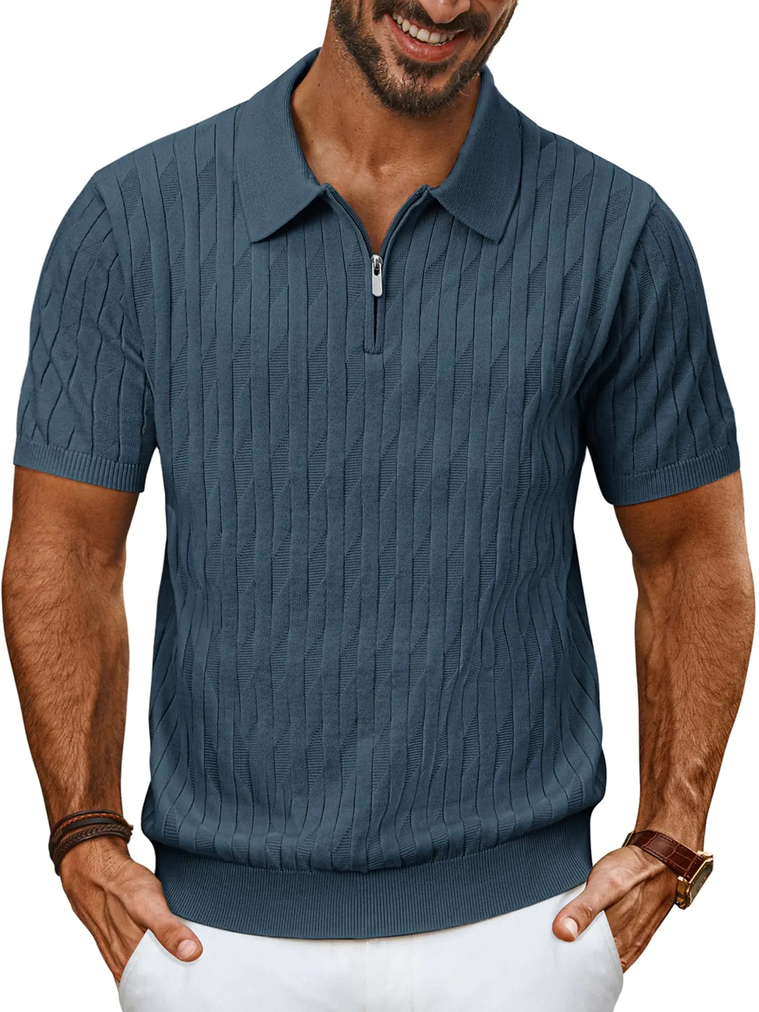 PAUL JONES Mens Polo Shirts Short Sleeve Textured Knit Polo Men Quarter Zip Polo T Shirts for Men Slim Fit Blue Gray