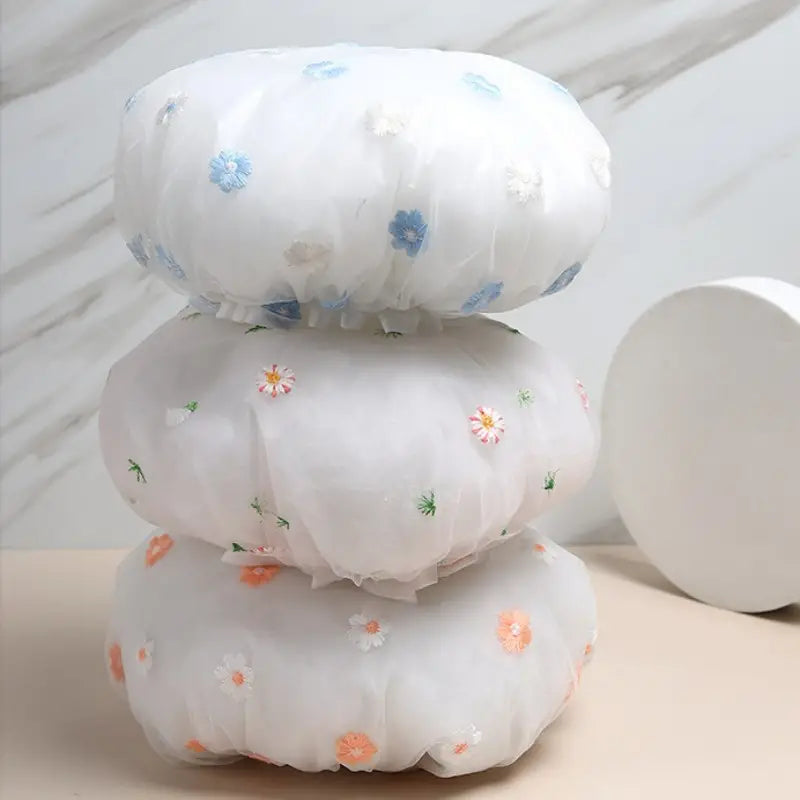 Double Layer Waterproof Shower Cap with Daisy Embroidery