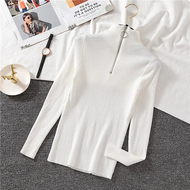 Zippered Half High Neck Slim Fit Knit Top for Women