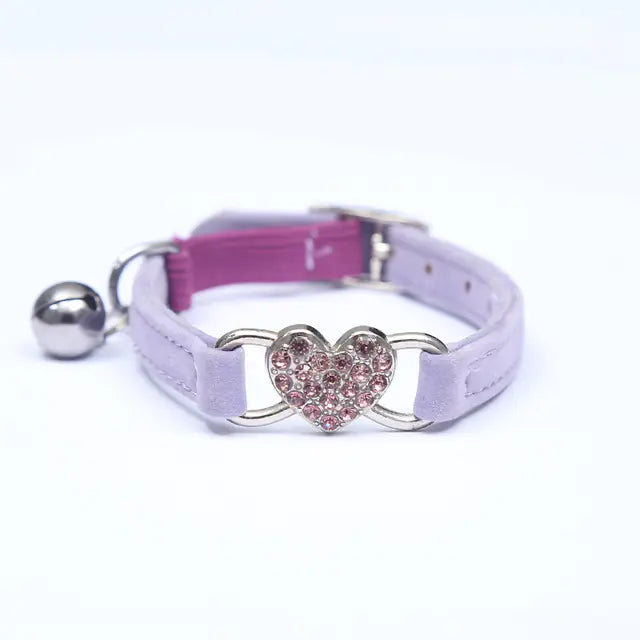 Heart-Shaped Velvet Dog Collar with Crystal and Bell