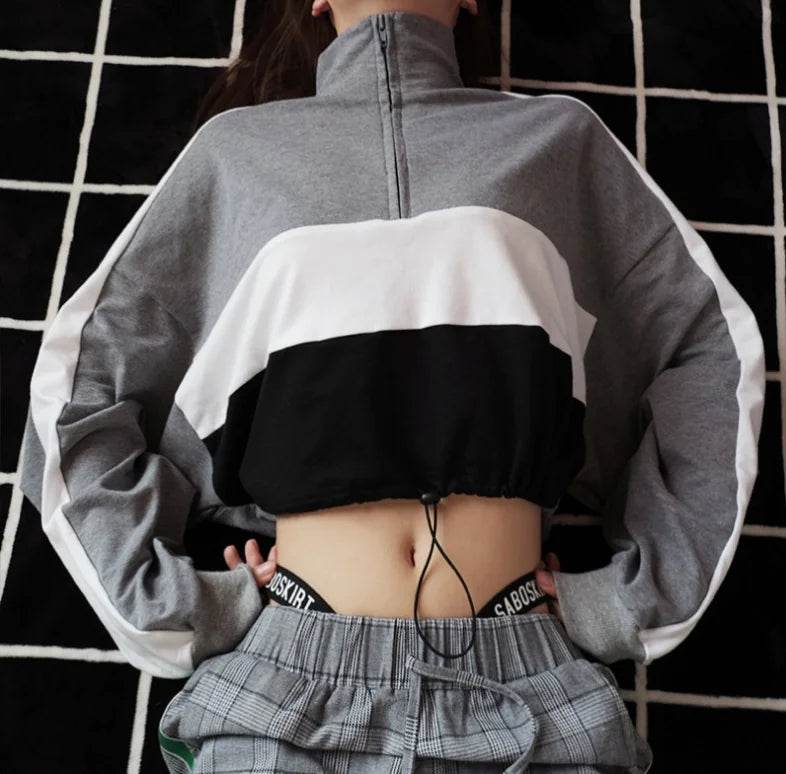 Fashionable Striped Color-Block Cropped Hoodie
