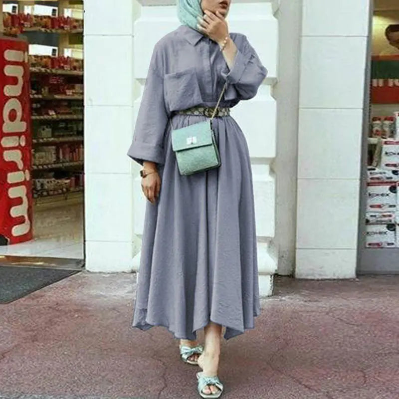 Stylish Waist-Defined Long Sleeve Dress with Flare Skirt
