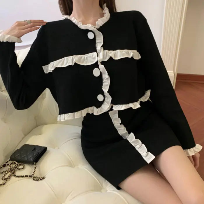 Fashionable Two-Piece Set with Ruffled Long Sleeve Top