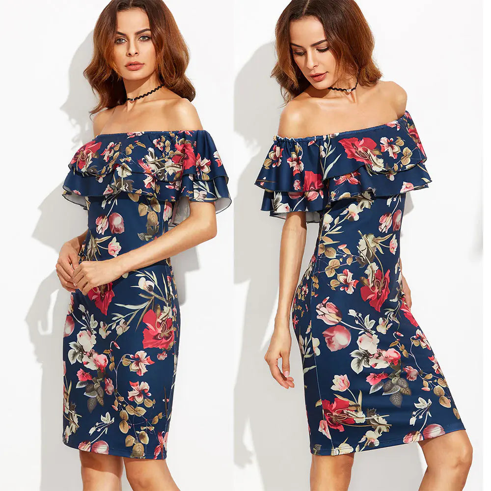 Ruffled Off-Shoulder Floral Bodycon Dress