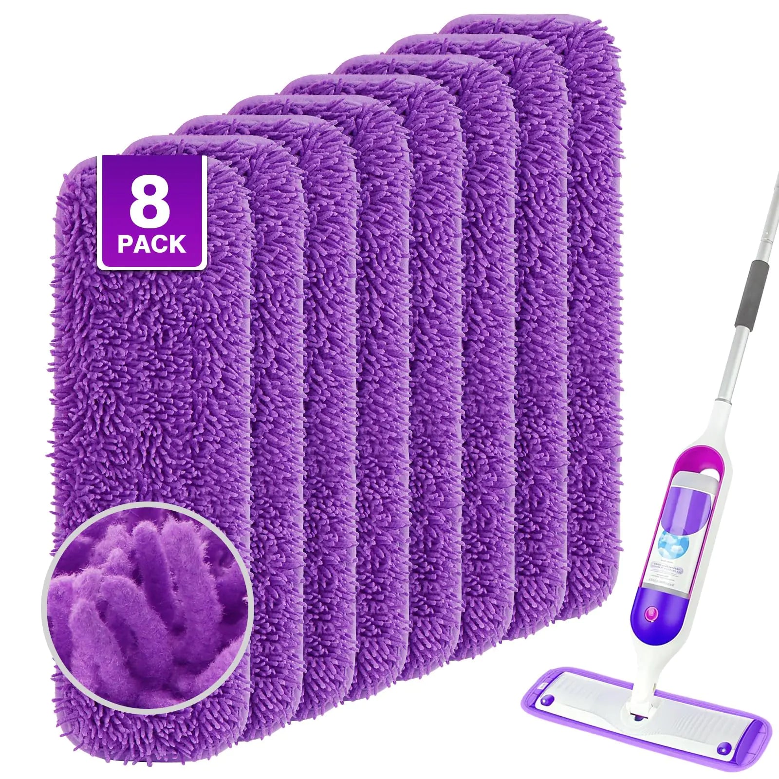 Reusable Mop Pads for Swiffer PowerMop 8 Pack Microfiber Mop Pad Refills with Scrubber Strips for 13-15 SprayMop Washable MopPad Use for Most Floor Types Designed for Pets - Purple