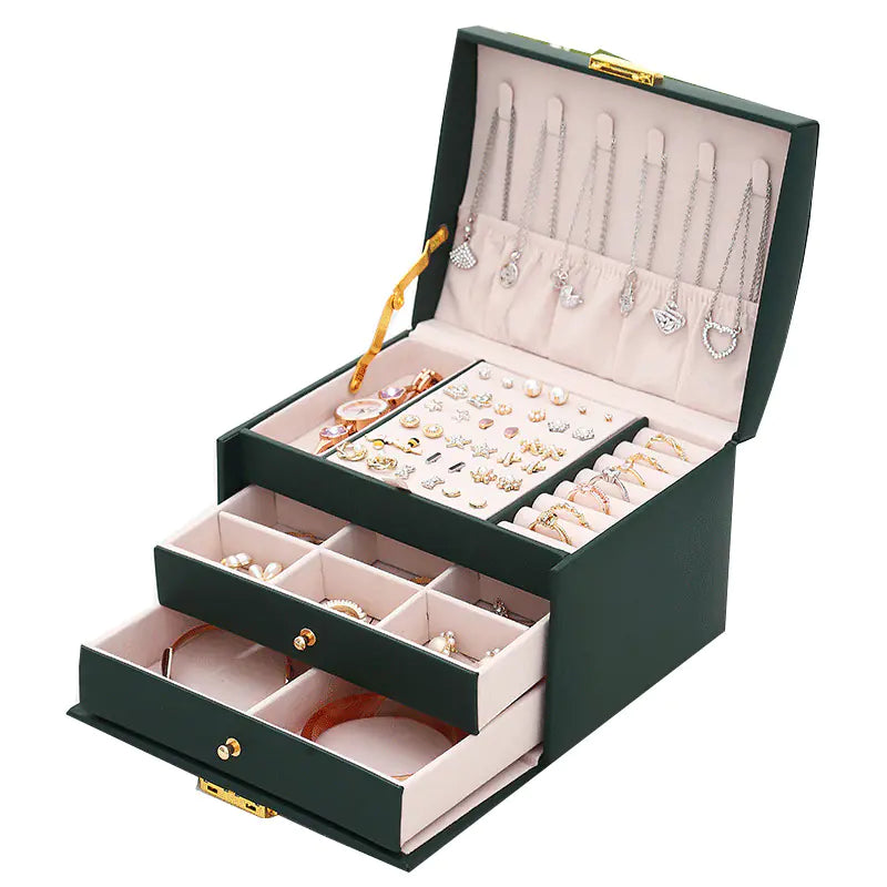 Minimalist 3-Tier Leather Jewelry Box with Lock
