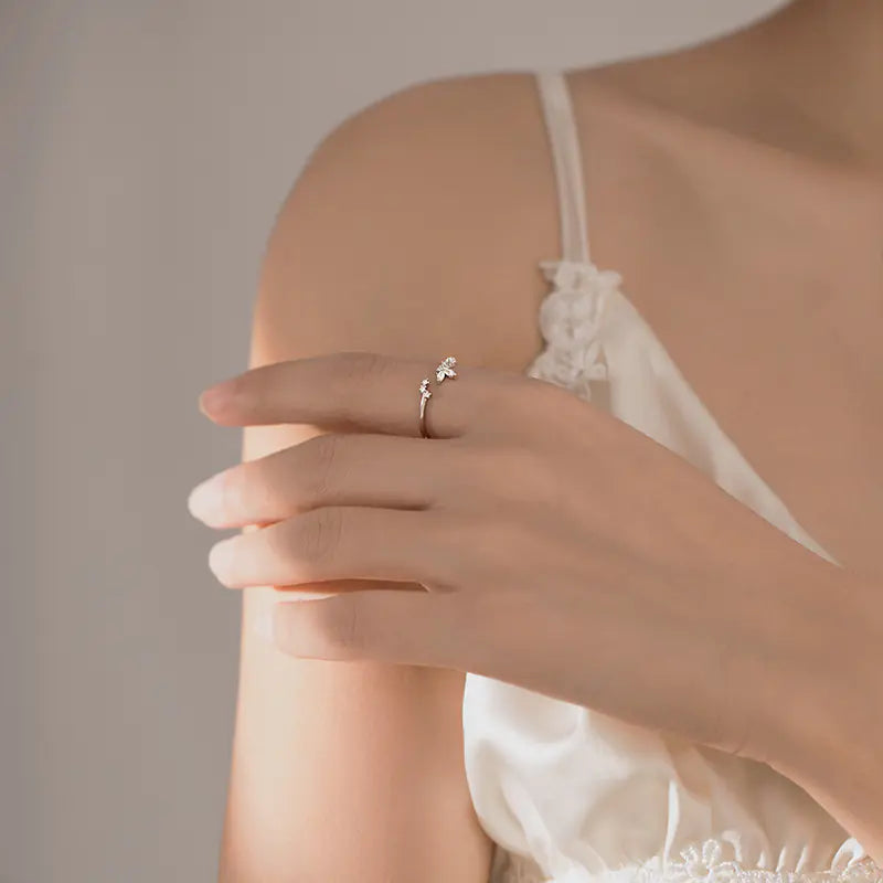 S925 Silver Butterfly Leaf Ring - Chic Forest Style