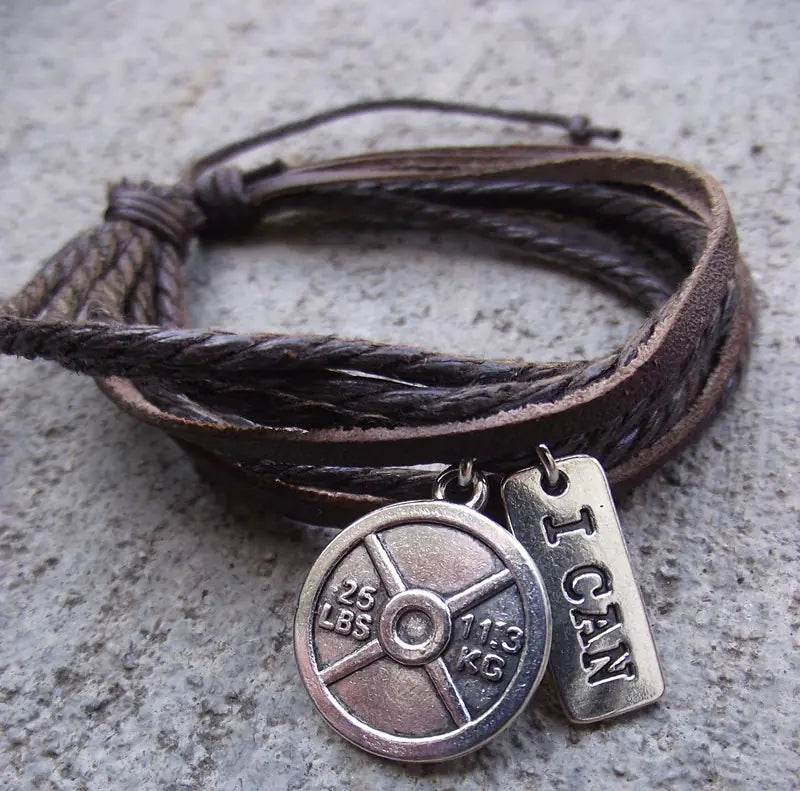 Retro Multi-Layer Leather Bracelet with Dumbbell Charm