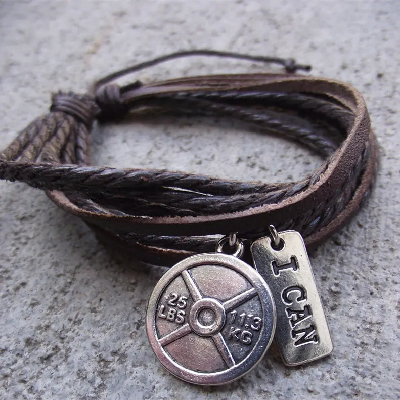 Retro Multi-Layer Leather Bracelet with Dumbbell Charm