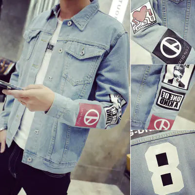 Men's Floral Print Slim Fit Denim Jacket for Youth
