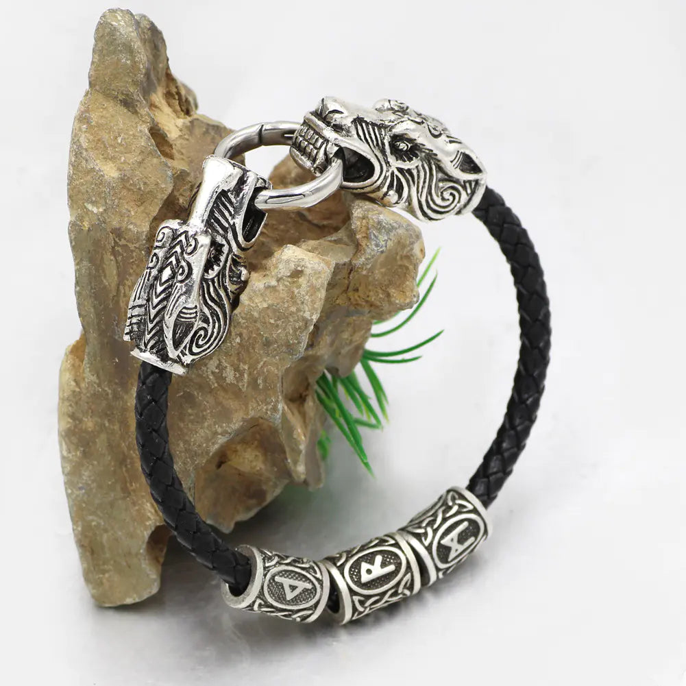 Vintage Viking Dragon Head Leather Bracelet for Men