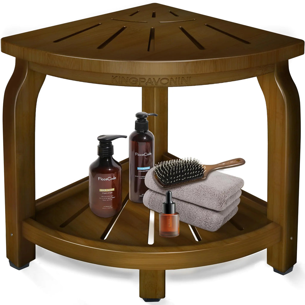 KingPavonini Bamboo Corner Shower Stool for Shaving Legs Foot Rest Waterproof Bath Bench Seat with Storage Shelf for Bathroom Inside Shower Hold Up to 450Lbs