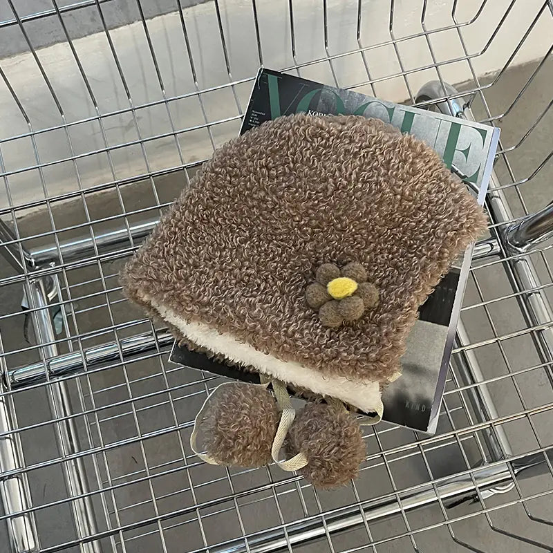 Small Flower Plush Lei Feng Hat for Kids' Warmth