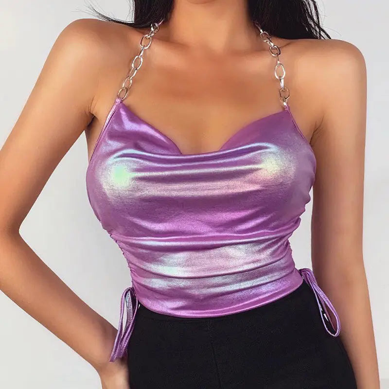 Elastic Satin Diamond Chain Slim Sexy Short Bodysuit