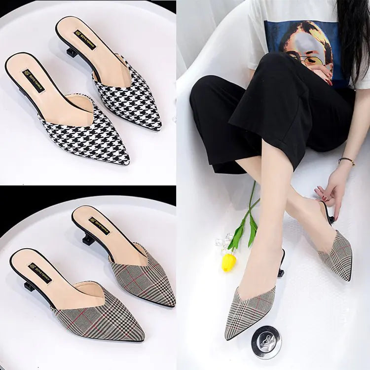 Chic Houndstooth Pointed Toe High Heel Mules for Women