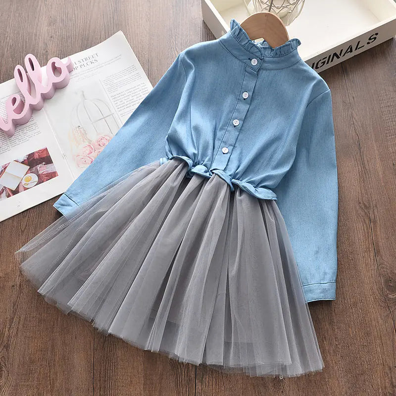 Girls' Denim Top with Mesh Skirt Princess Dress