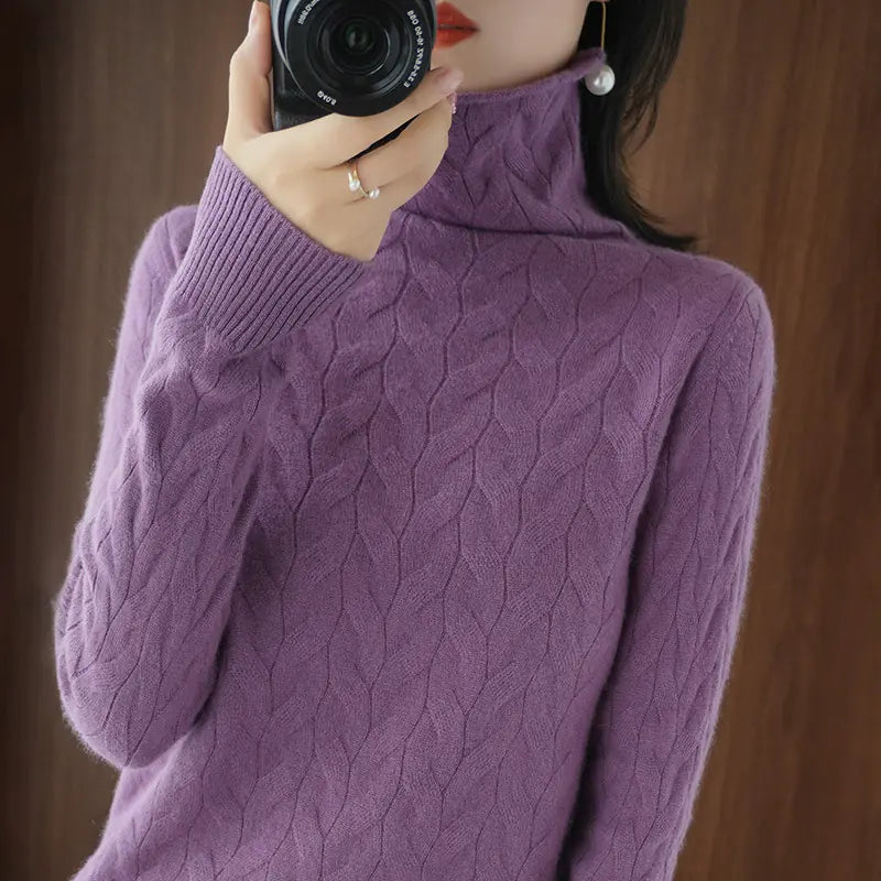 Chunky Neck Cable Knit Sweater for Women, Long Sleeve