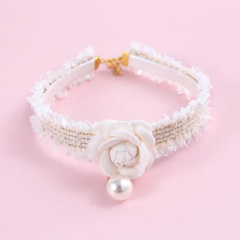 Adjustable Hand-Woven Cat Collar with Pearl Flower