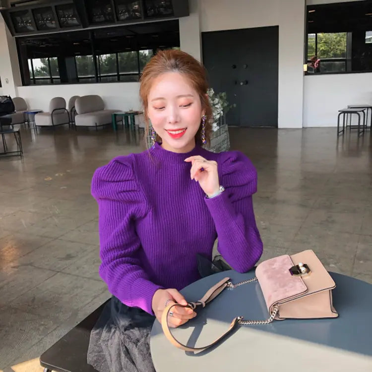 Sweet Puff Sleeve Pleated Knit Top for Women