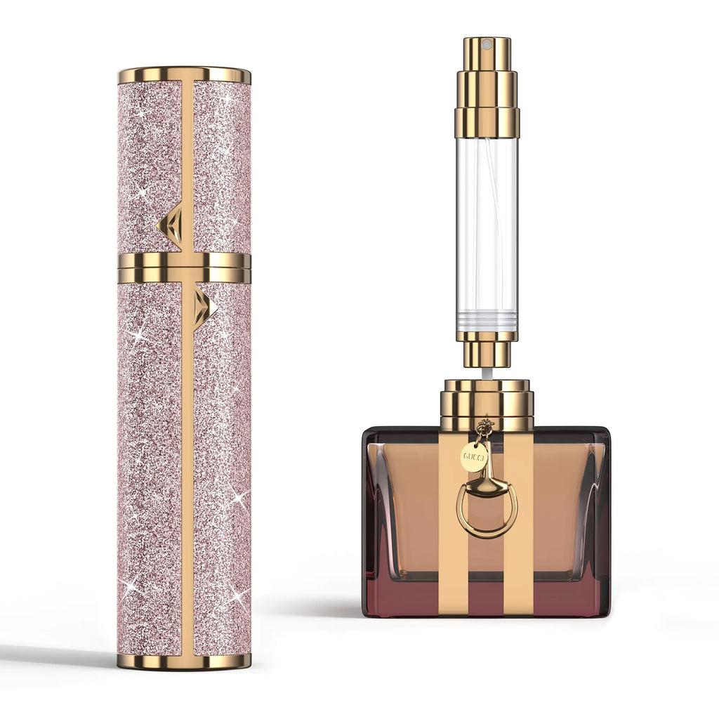 FENHON Perfume Travel Refillable Bottle 5ml Glitter Leather Atomizer for Perfume Portable Size Cologne Sprayer Mini Fragrance Spray Bottle for Woman & Man Essentials (8ML Pink)