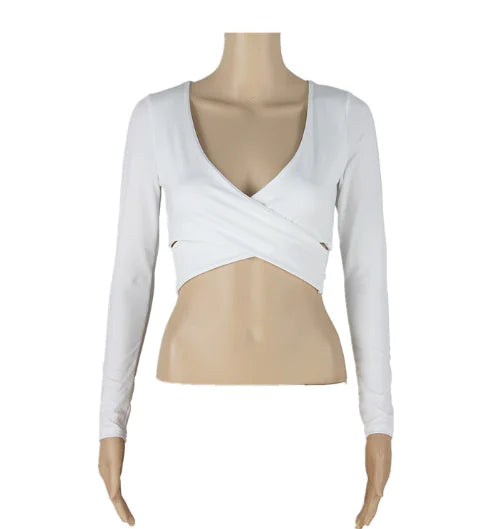 Autumn Winter Women's Long Sleeve Crop Top with V-Neck