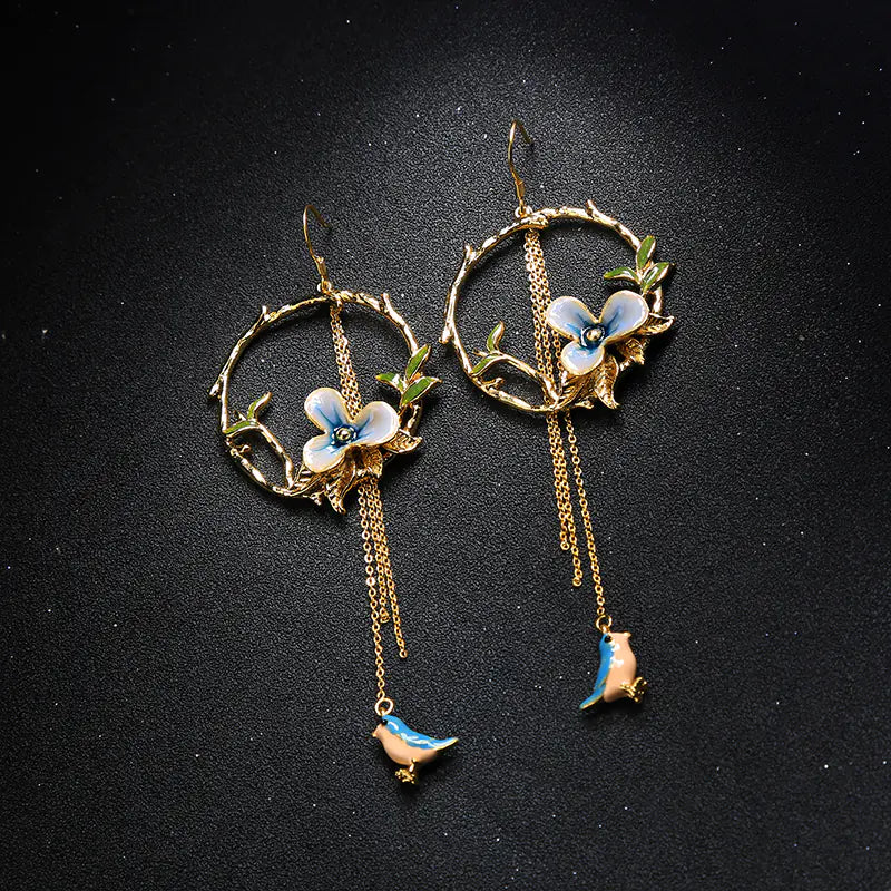 Vintage Flower and Bird Long Dangle Earrings for Women