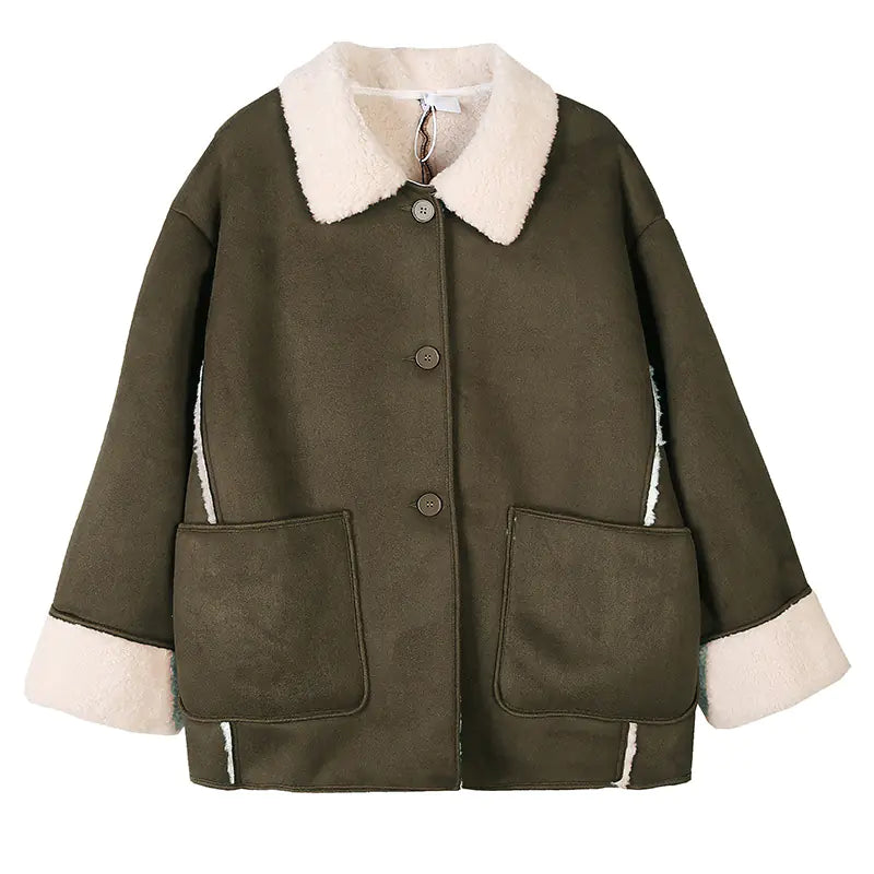 Winter Plus Size Women's Color Block Shearling Coat