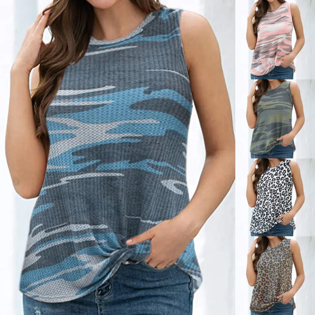 Knot-Crop Camouflage Knit Sleeveless Casual T-Shirt