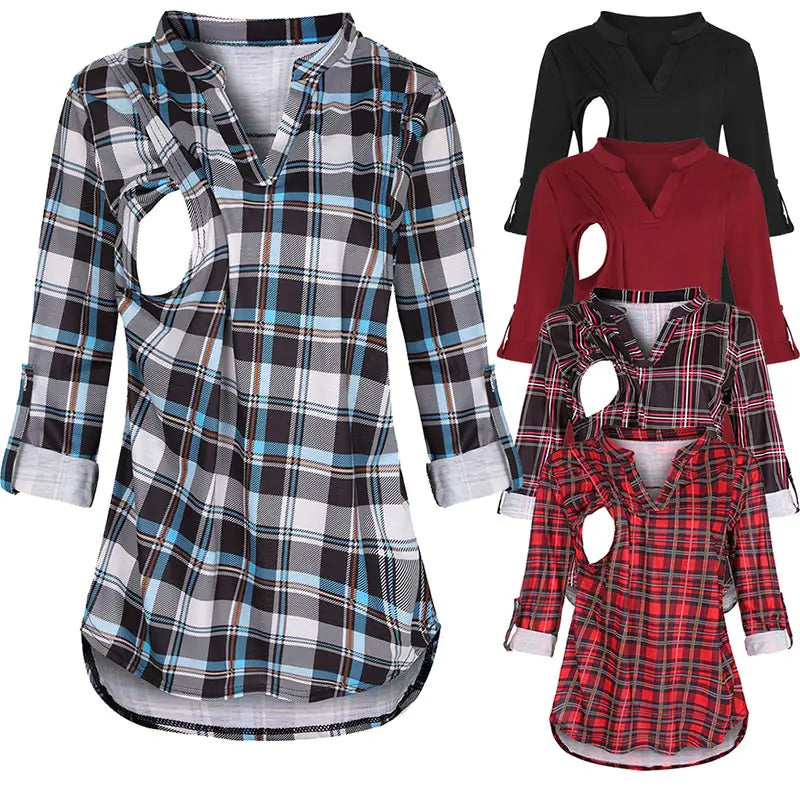 Plaid Print Long Sleeve Nursing Top for Mothers