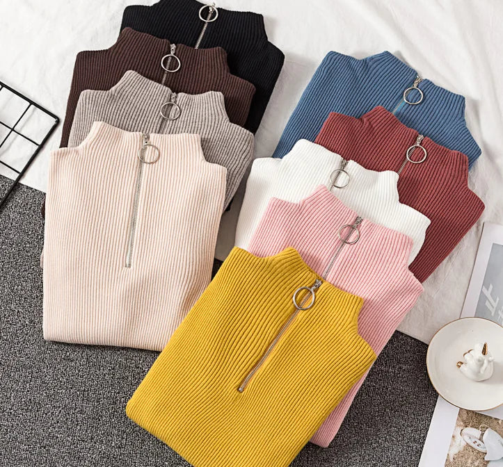 Zippered Half High Neck Slim Fit Knit Top for Women