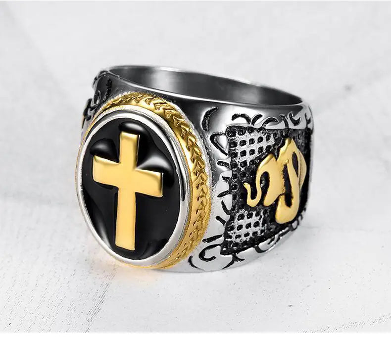 Titanium Steel Men's Cross Ring with Black Resin Design