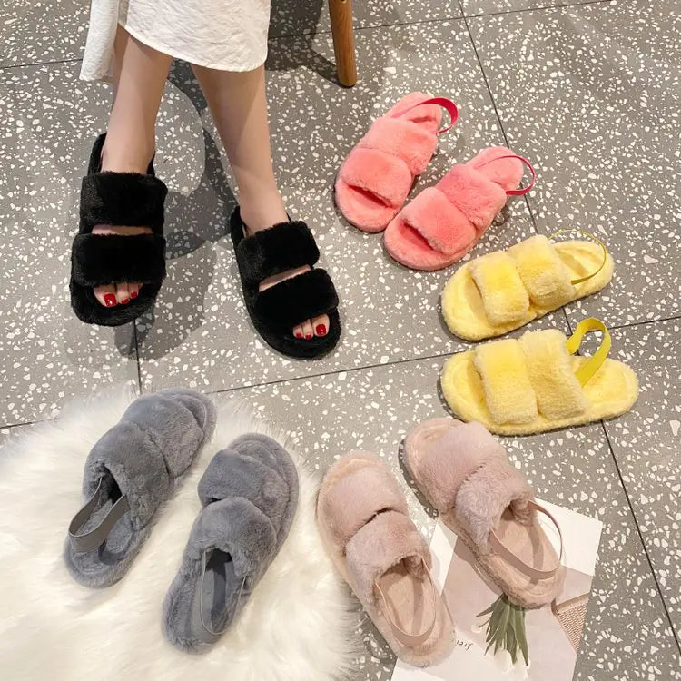 Women's Cute Flat Fuzzy Sandals with Thick Sole