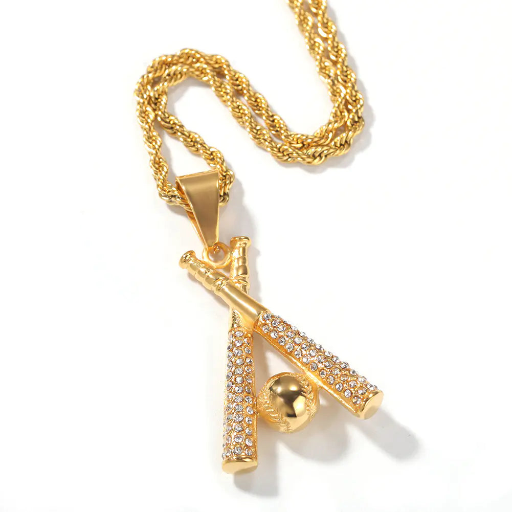 Gold Baseball Pendant Necklace for Men - Punk Style